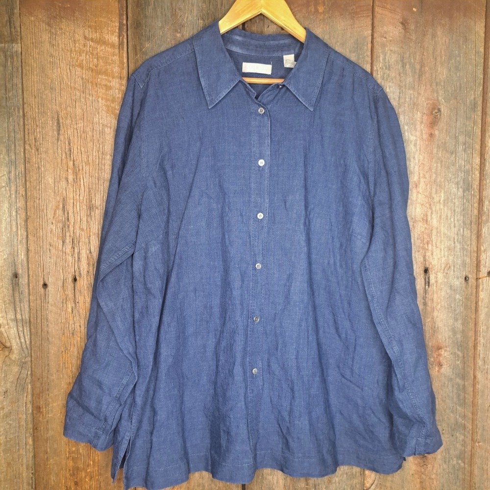 Coastal Grandmother Oceancore 100% Linen Button Down Top W 3X Kate Hill Blue EUC